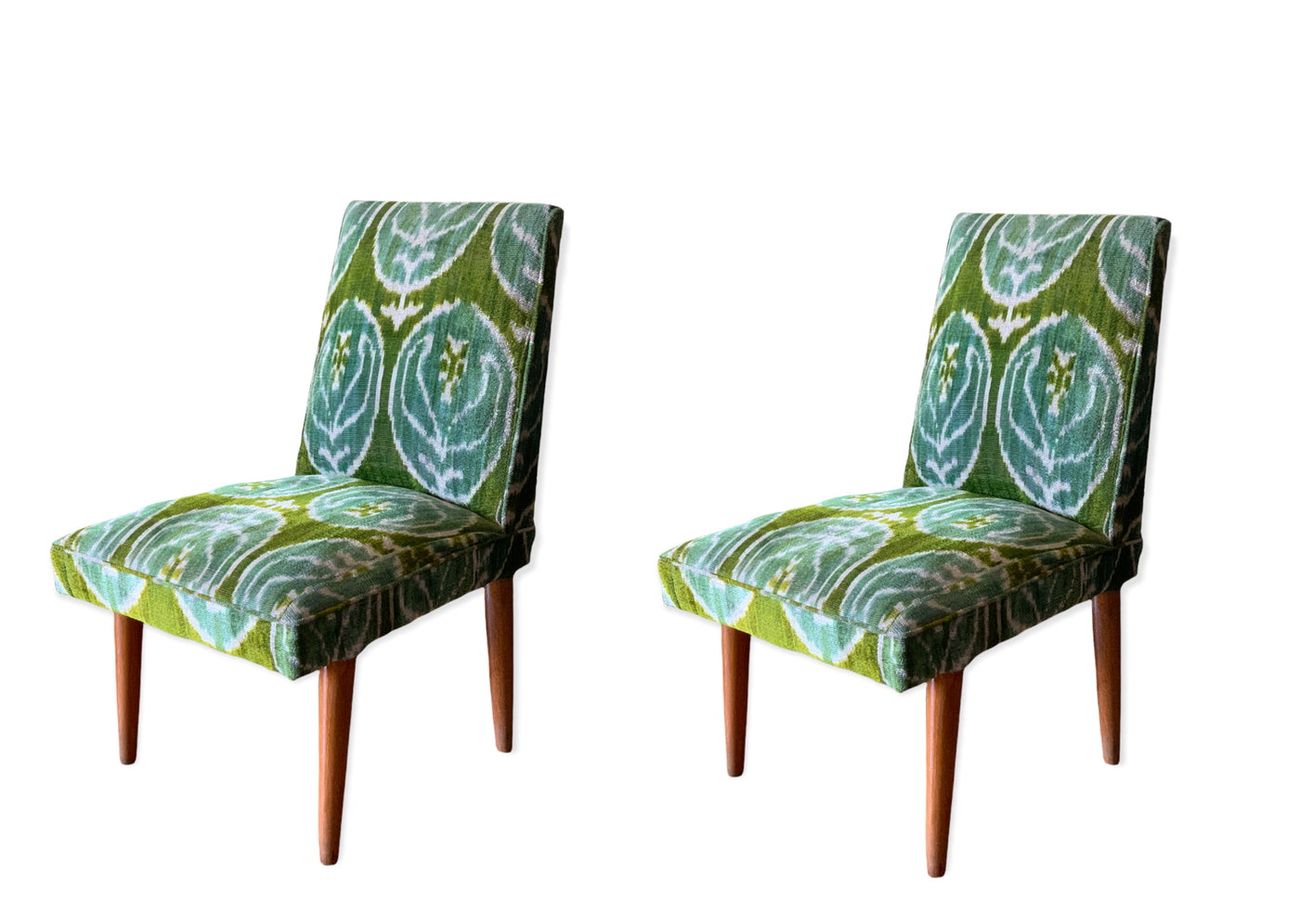 Calliope silk velvet hand woven ikat pair of chairs